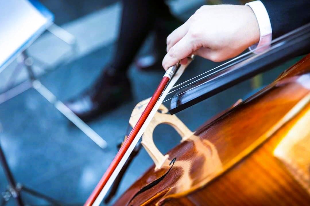 Detaliu cu un violoncel în timpul unui moment de muzică live la eveniment